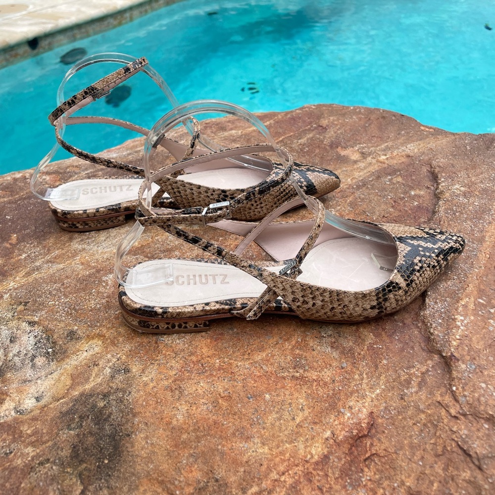 EUC SCHUTZ Snakeskin Pointed-Toe Ankle Strap Mules - Picture 5 of 11